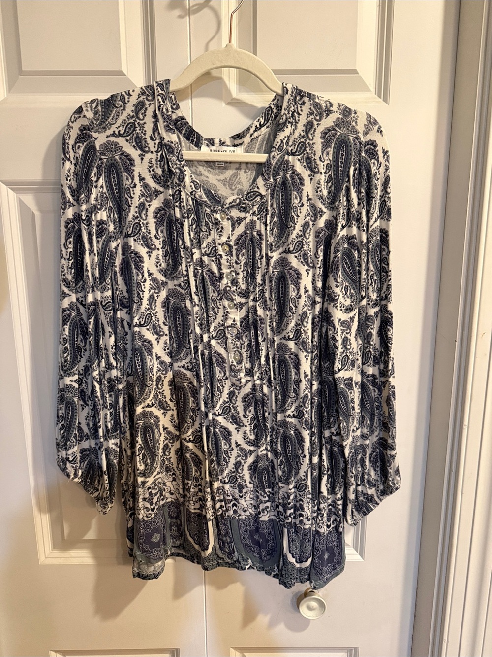 Rose & Olive White and Navy Paisley Peasant Tunic